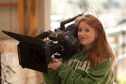 Emily Knight checking out video camera